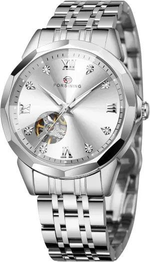 FORSINING Luxury Diamond Cut Design Case Automatic Mechanical Watch Fashion Diamond Studded Dial Skeleton Watch Tourbillon Casual Men Watch Date Day Ceremonial Dress Watch for Men