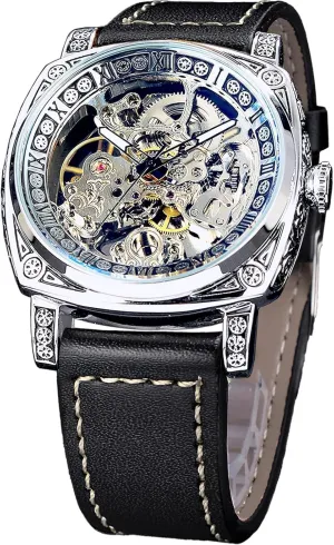 FORSINING Square Luxury Retro Mechanical Watch for Men, Gorgeous Hollow Skeleton Self-Wind Carved Automatic Watches Vintage Leather Strap Wristwatch Silver Dail Black Strap