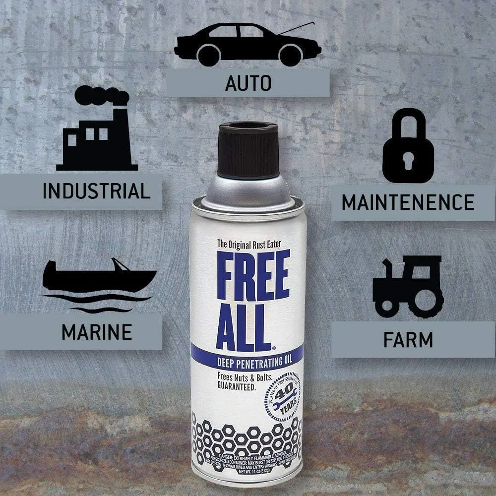 Free All Deep Penetrating Oil Rust Remover, Loosen Rusty Nuts & Bolts, Screws, Clamps, Pipes, 11 oz. Aerosol, 12 Pack