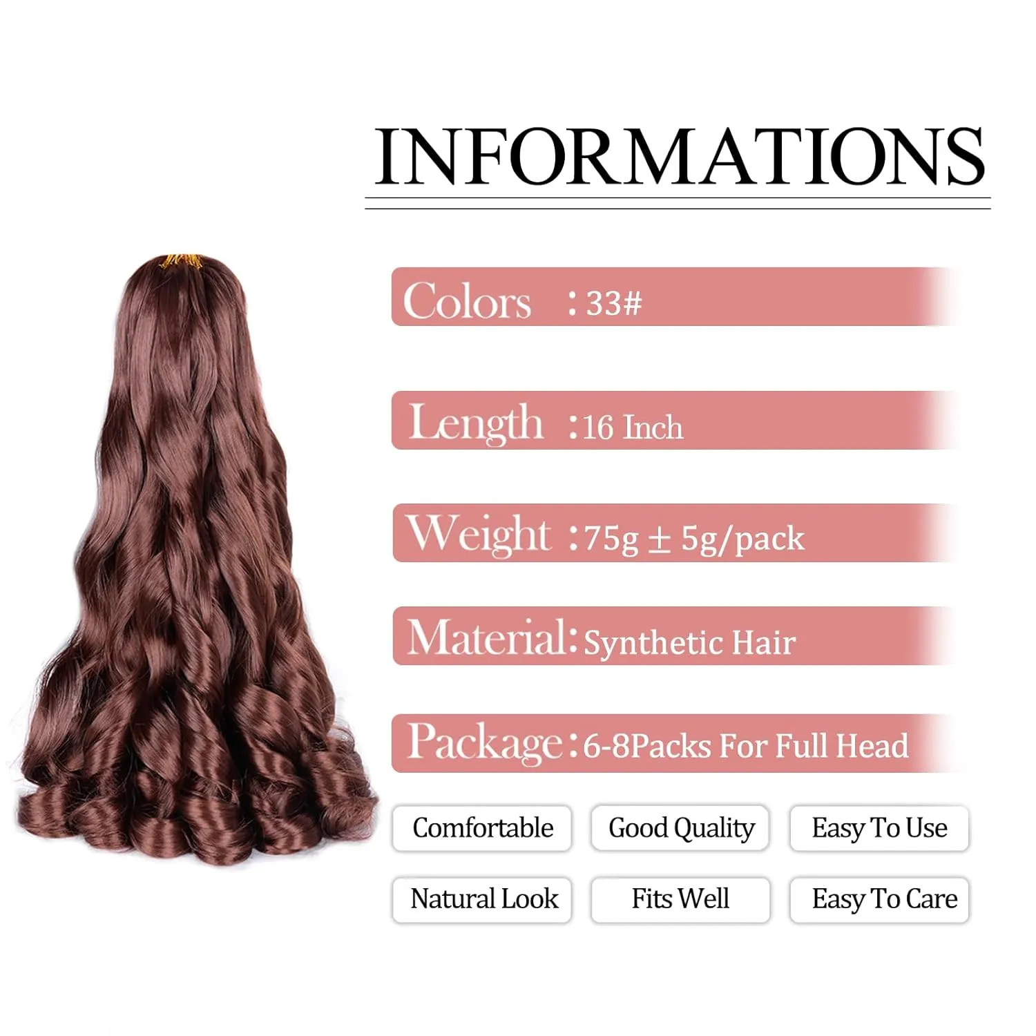 French Curl Braiding Hair 16 Inch Curly Braiding Hair Pre Stretched 75g/pack 33# French Curl Crochet Braids Synthetic Bouncy Crochet Hair Curly Ends for Women Hair Extensions (16inch,8 packs,33#)