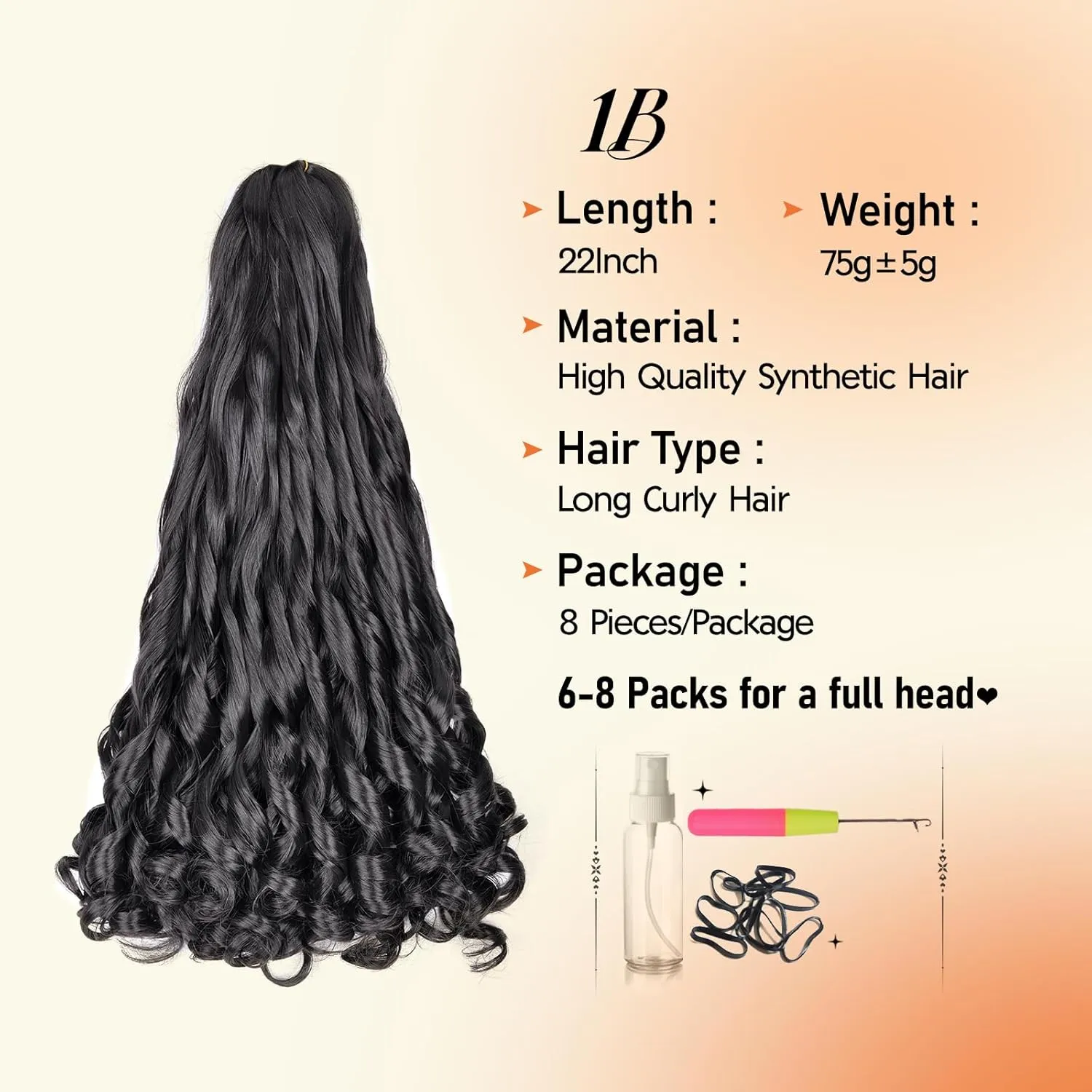 French Curl Braiding Hair 22 Inch 75g/Pack Crochet Hair for Black Women 8 Packs Black Loose Wavy Pre Stretched Braiding Hair Synthetic Hair Extensions (22 Inch,8 Packs,1B)