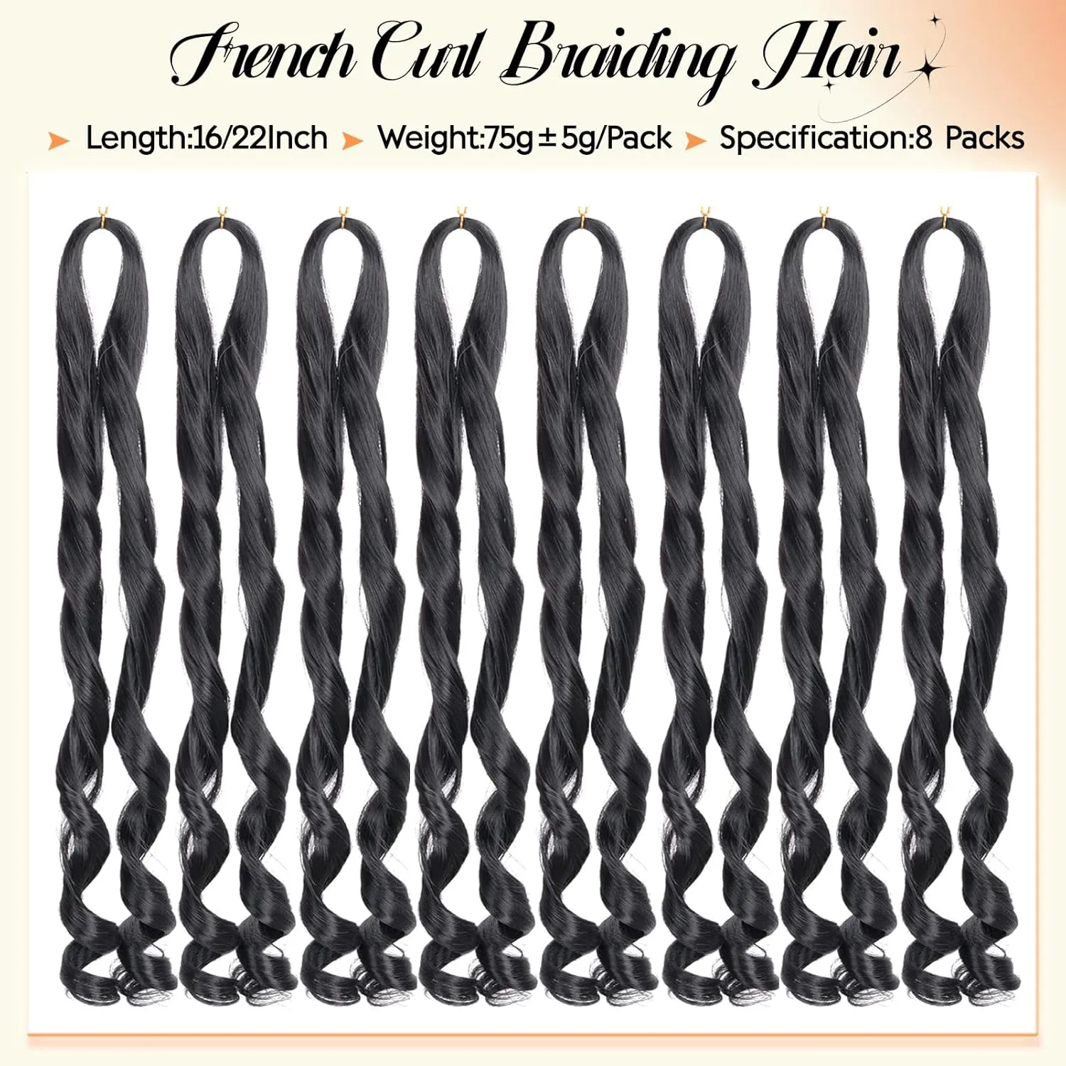 French Curl Braiding Hair 22 Inch 75g/Pack Crochet Hair for Black Women 8 Packs Black Loose Wavy Pre Stretched Braiding Hair Synthetic Hair Extensions (22 Inch,8 Packs,1B)