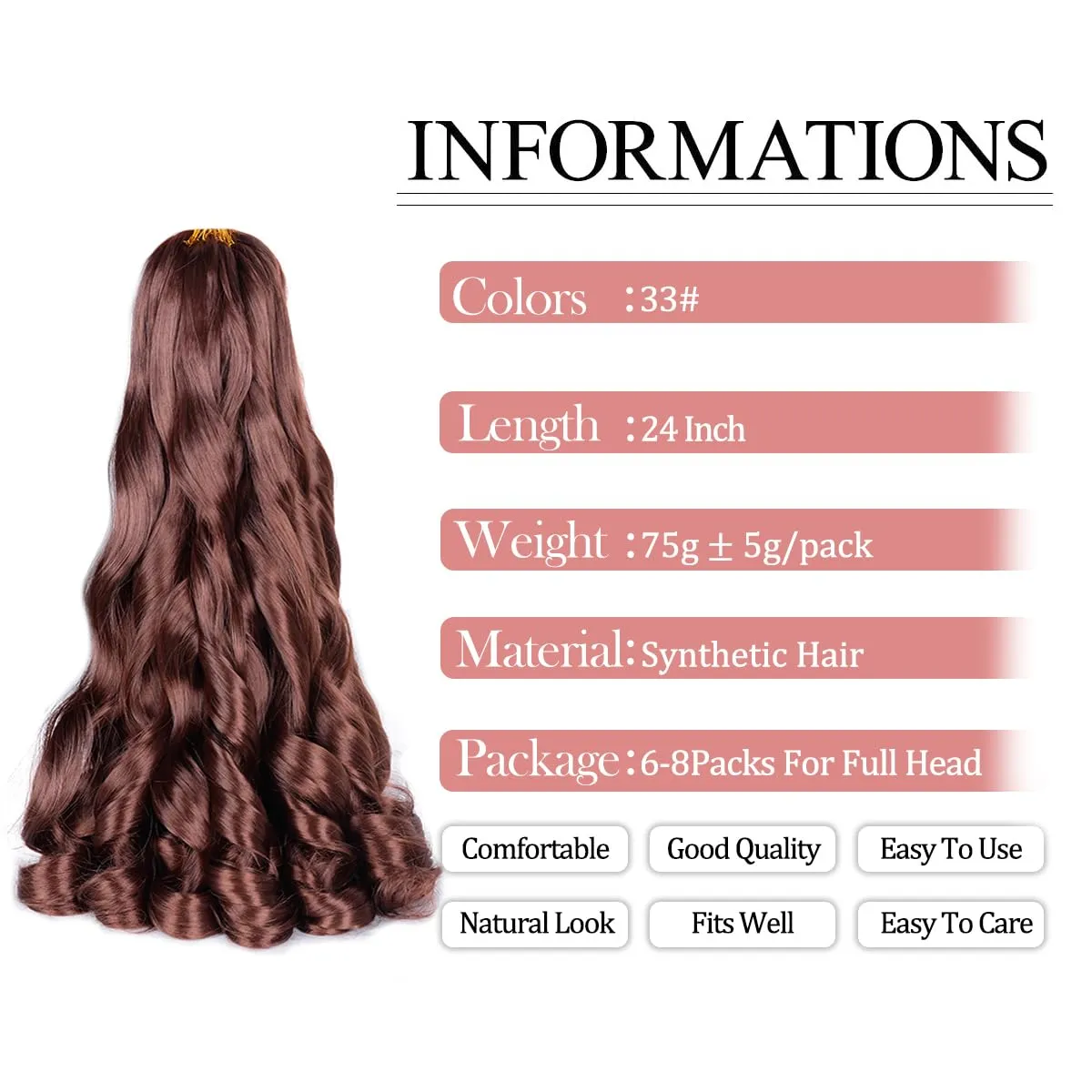French Curls Braiding Hair 33# Synthetic Bouncy Braiding Hair Extensions 75g/pack French Curly Crochet Hair Extensions 24inch(24 Inch,8 Packs,33#)