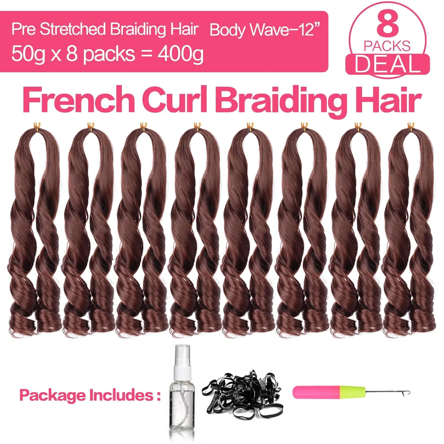 French Curly Braiding Hair 12 Inch 8 Packs Pre-Stretched Synthetic Loose Wavy Extensions 50g/Pack (12 Inch, 8 Packs, 33#)