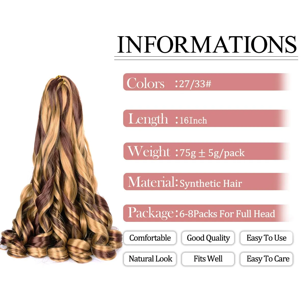 French Curly Braiding Hair,16Inch 8Pack Loose Wavy Bouncy Braiding Hair Extensions P27/33 75g/Pack French Curls Synthetic Hair Extensions(16 Inch,8 Packs,P27/33)