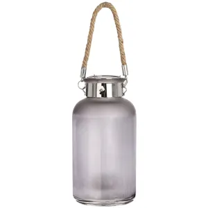Frosted Grey Glass Lantern with Rope and LED