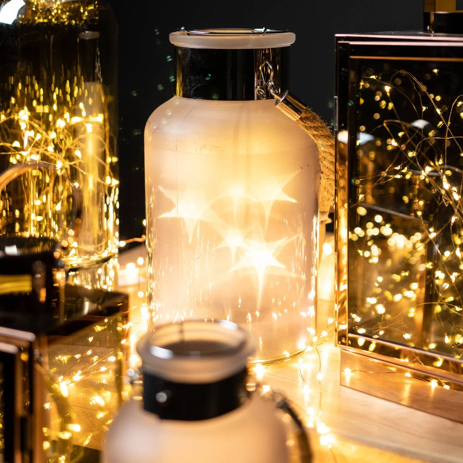 Frosted Grey Glass Lantern with Rope and LED