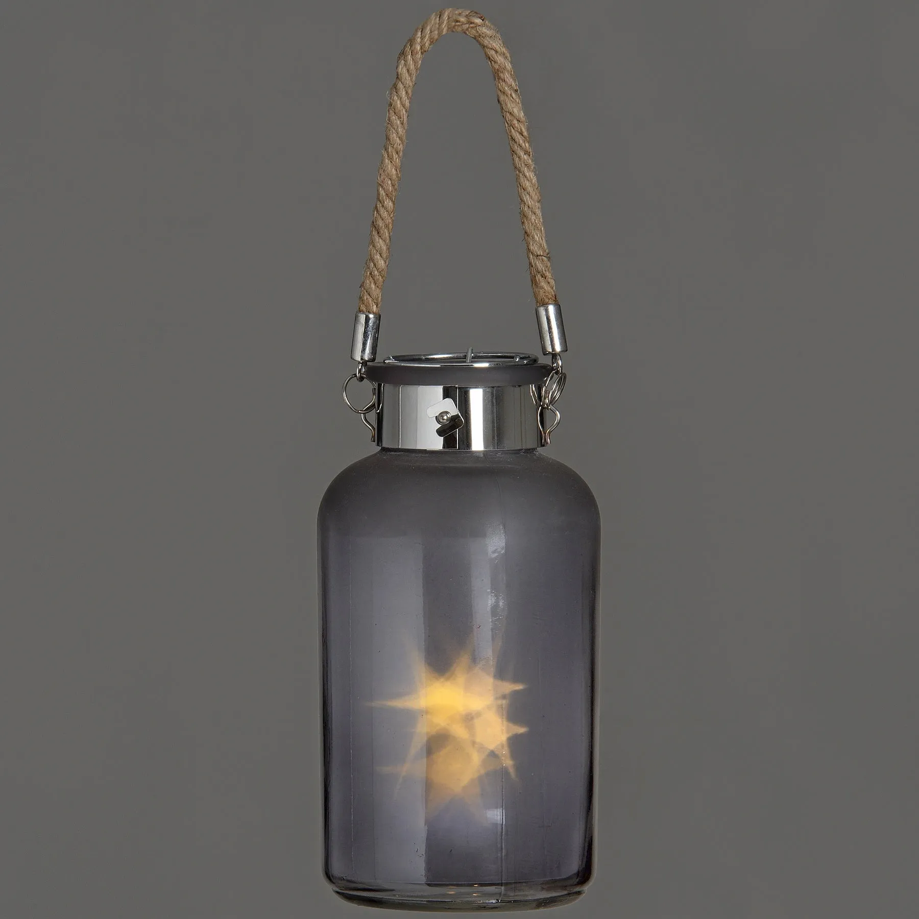 Frosted Grey Glass Lantern with Rope and LED