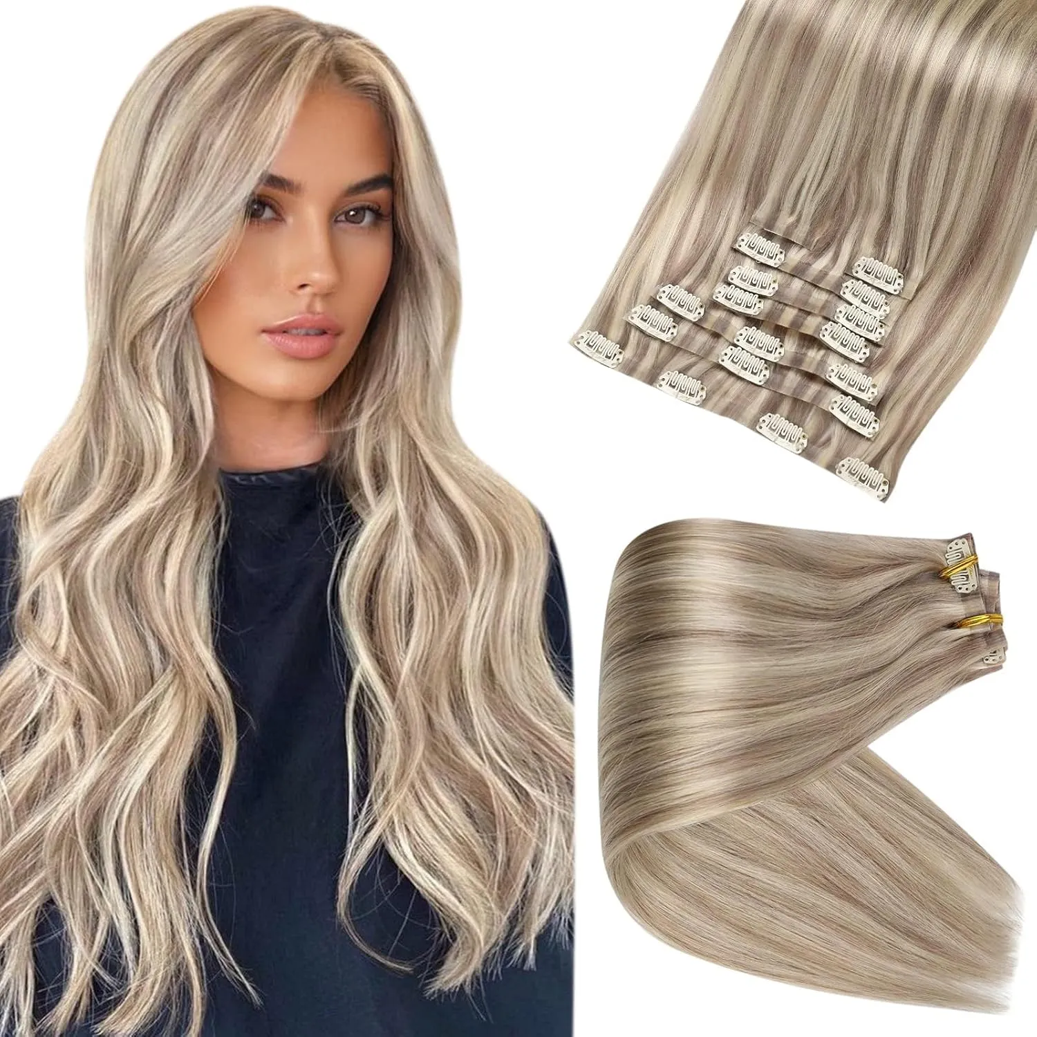 Full Shine Seamless Clip in Hair Extensions 8 Pieces Hair Blonde 120 Gram Color 18 Ash Blonde and 613 Highlights and Invisible Tape in Hair Extensions 50 Gram 20pcs Double Sided Tape 14 Inch
