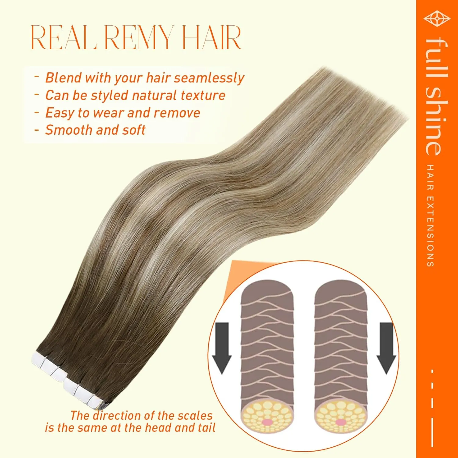 Full Shine Tape in Hair Extensions Human Hair 18 Inch Hair Extensions Tape in Color Dark Brown 3 Fading to 8 and 22 Tape in Hair Extensions 20Pcs 50Grams Balayage Tape Extensions For Women