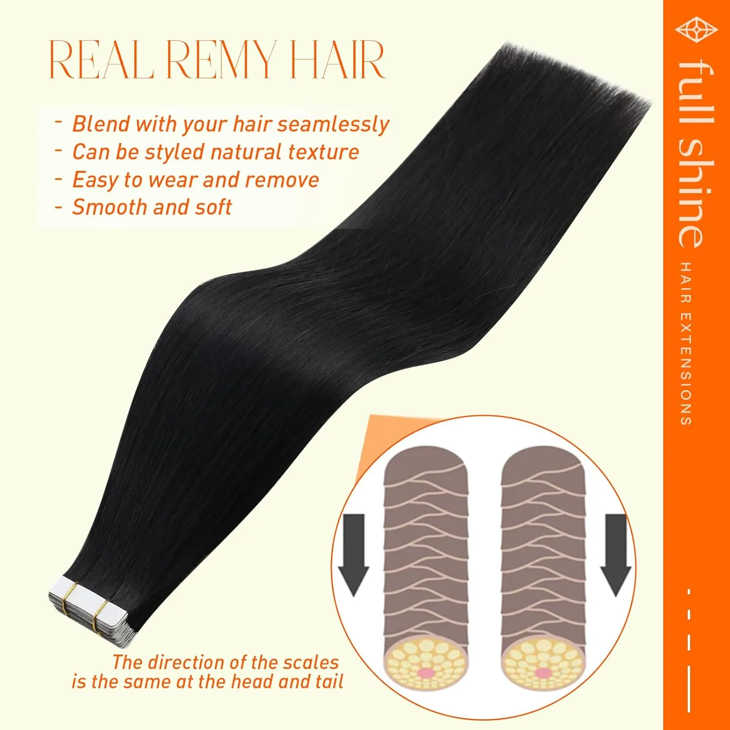 Full Shine Tape in Hair Extensions Human Hair 22 Inch Invisible Tape in Hair Extensions Human Hair Color 1 Jet Black Double Sided Seamless Tape in Extensions 40 Pcs Add Length 100 Gram For Party
