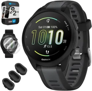 Garmin 010-02863-20 Forerunner 165 Smart Sport Watch, Black   Slate Gray Bundle with Silicone Dust Cover 3 Pack, 2X 1.2 Inch Screen Protector and 2 YR CPS Enhanced Protection Pack