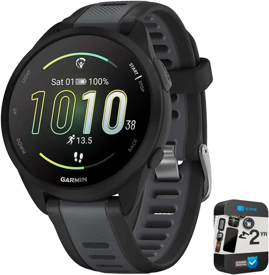 Garmin 010-02863-20 Forerunner 165 Smart Sport Watch, Black   Slate Gray | Official USA Partner Model | Bundle with 2 YR CPS Enhanced Protection Pack