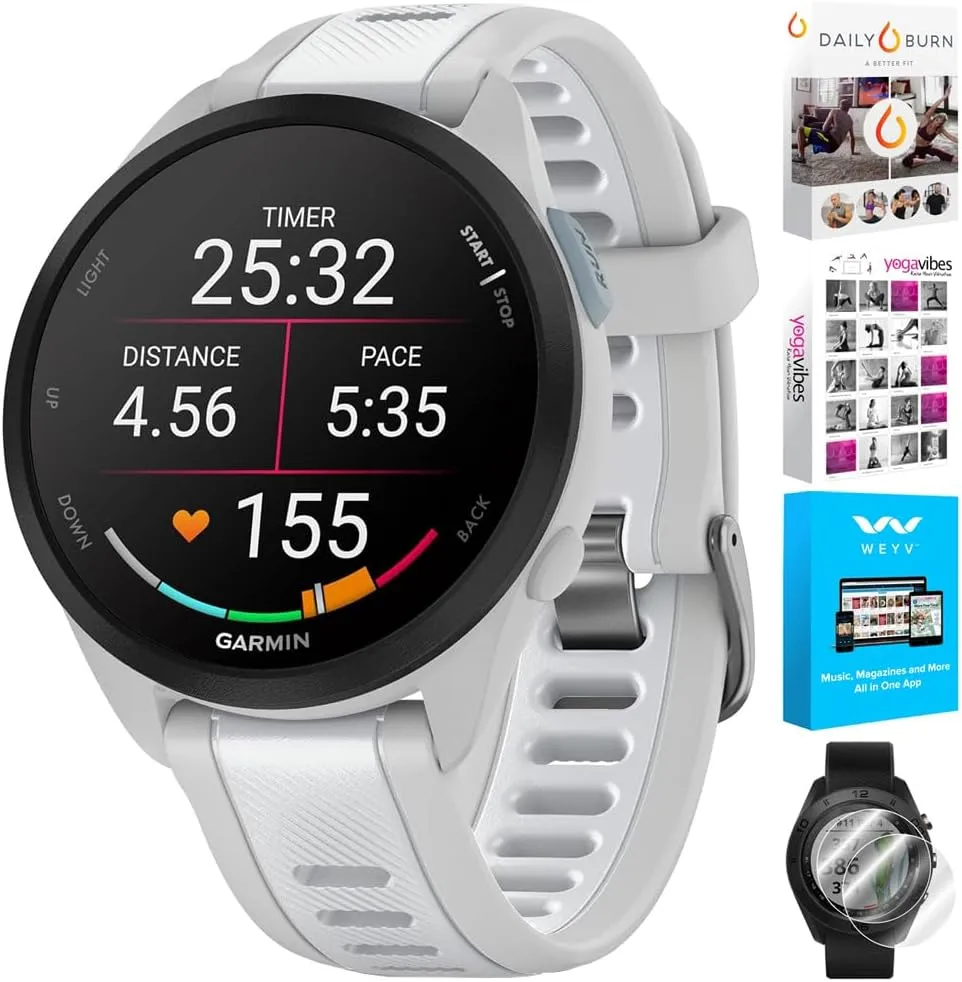 Garmin 010-02863-31 Forerunner 165 Music Smart Sport Watch, Mist Gray   Whitestone | Official USA Partner Model | Bundle with Deco Essentials 2-Pack Screen Protector   Fitness & Wellness Suite