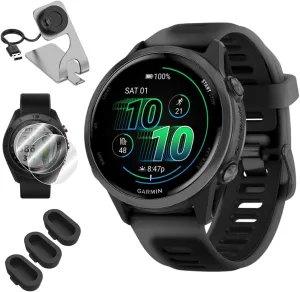 Garmin 010-02970-00 Forerunner 570 42mm GPS Smartwatch, Aluminum and Black Band Bundle with Deco Essentials Charging Dock, 3X Silicone Dust Cover and 2X 1.2 Inch Screen Protector