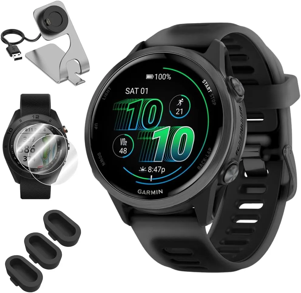 Garmin 010-02970-00 Forerunner 570 42mm GPS Smartwatch, Aluminum and Black Band Bundle with Deco Essentials Charging Dock, 3X Silicone Dust Cover and 2X 1.2 Inch Screen Protector