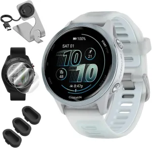 Garmin 010-02970-01 Forerunner 570 42mm GPS Smartwatch, Aluminum and Whitestone/Blue Band Bundle with Deco Essentials Charging Dock, 3X Silicone Dust Cover and 2X 1.2 Inch Screen Protector
