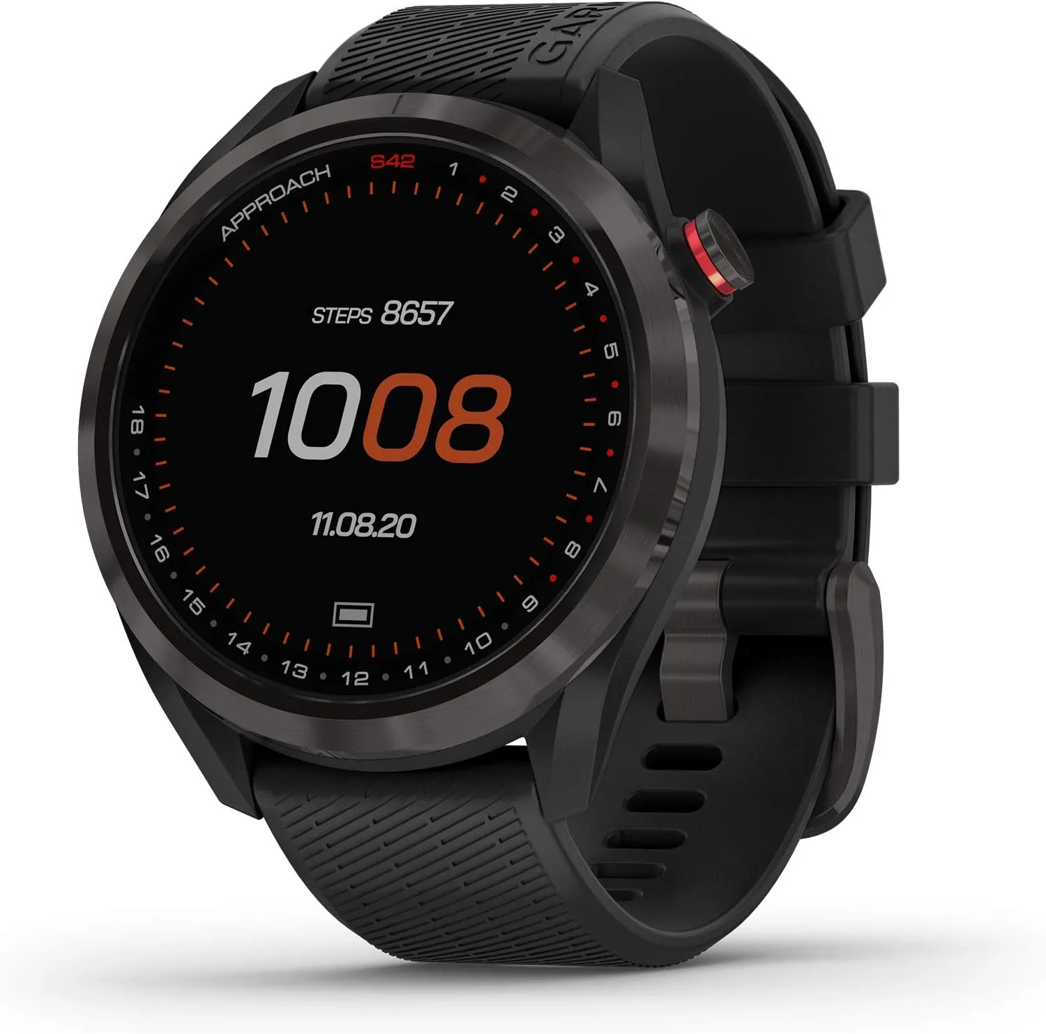 Garmin Approach S42, GPS Golf Smartwatch, Lightweight with 1.2" Touchscreen, 42k  Preloaded Courses, Gunmetal Ceramic Bezel and Black Silicone Band, 010-02572-10
