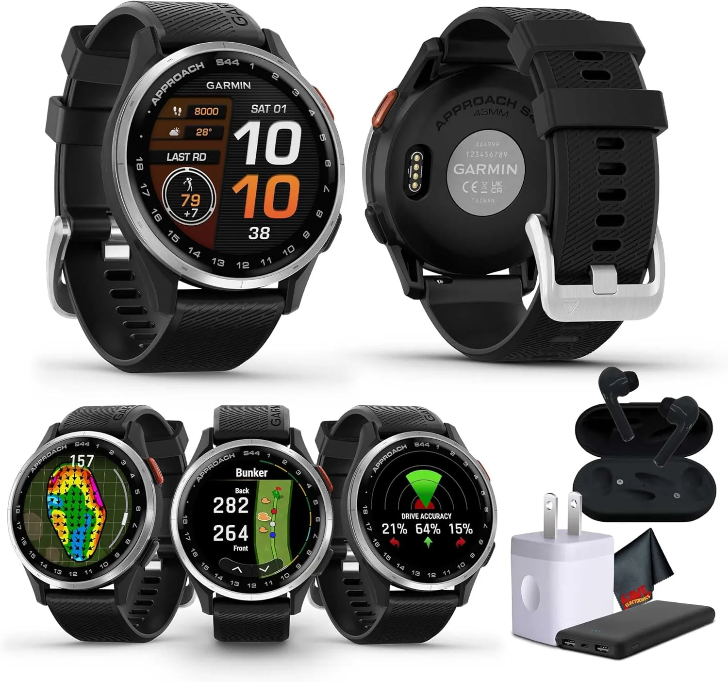 Garmin Approach S44 Essential Golf Watch with GPS, AMOLED Display, Sports and Fitness Smartwatch, Silver Aluminum Bezel with Black Silicone Band with Wireless Air Buds