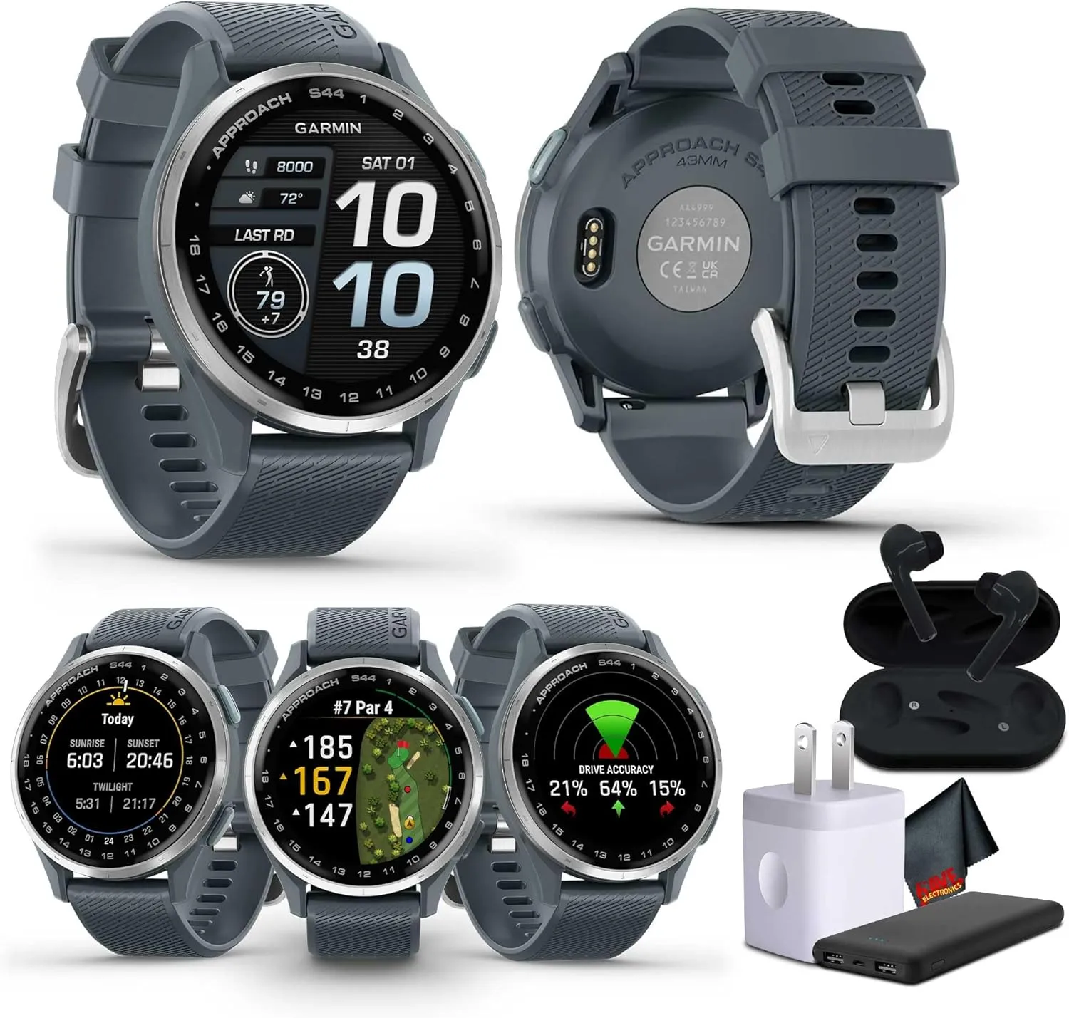 Garmin Approach S44 Essential Golf Watch with GPS, AMOLED Display, Sports and Fitness Smartwatch, Silver Aluminum Bezel with Twilight Silicone Band with Wireless Air Buds