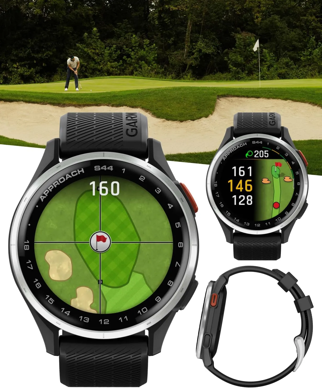 Garmin Approach S44 Golf GPS Smartwatch Silver Aluminum Bezel with Black Silicone Band with Wearable4U Power Bank Bundle