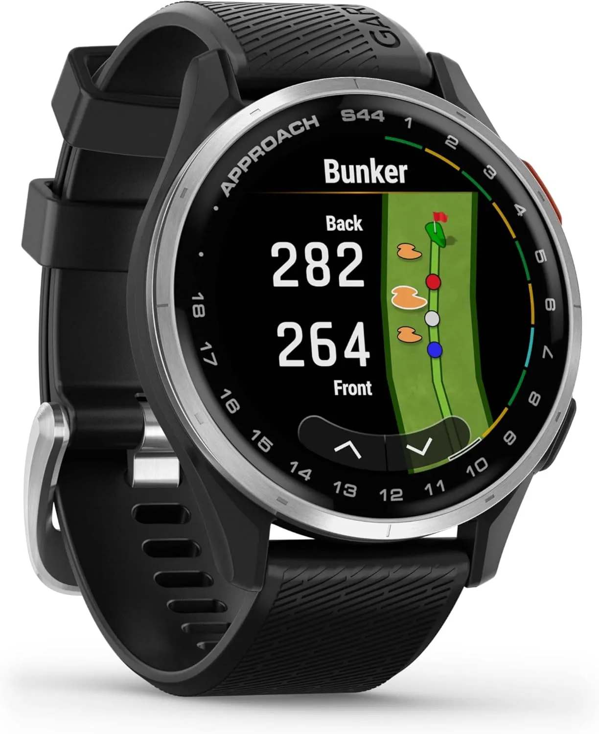 Garmin Approach S44 Golf GPS Smartwatch Silver Aluminum Bezel with Black Silicone Band with Wearable4U Power Bank Bundle