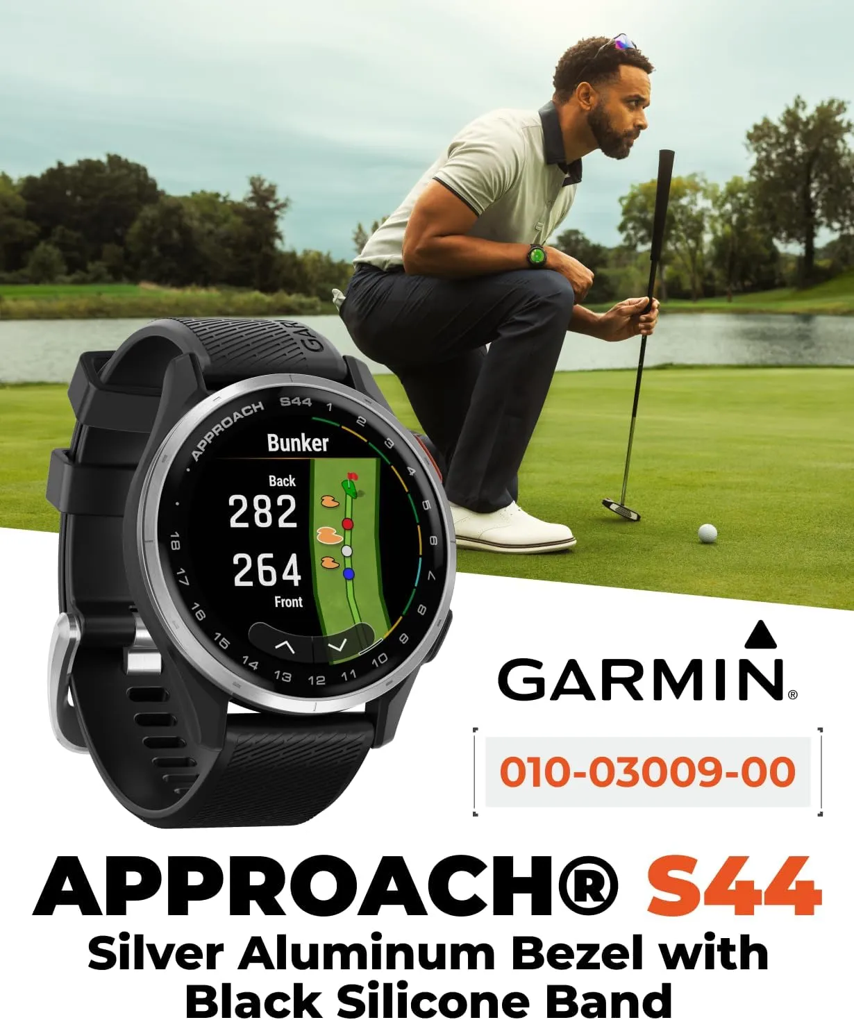 Garmin Approach S44 Golf GPS Smartwatch Silver Aluminum Bezel with Black Silicone Band with Wearable4U Power Bank Bundle