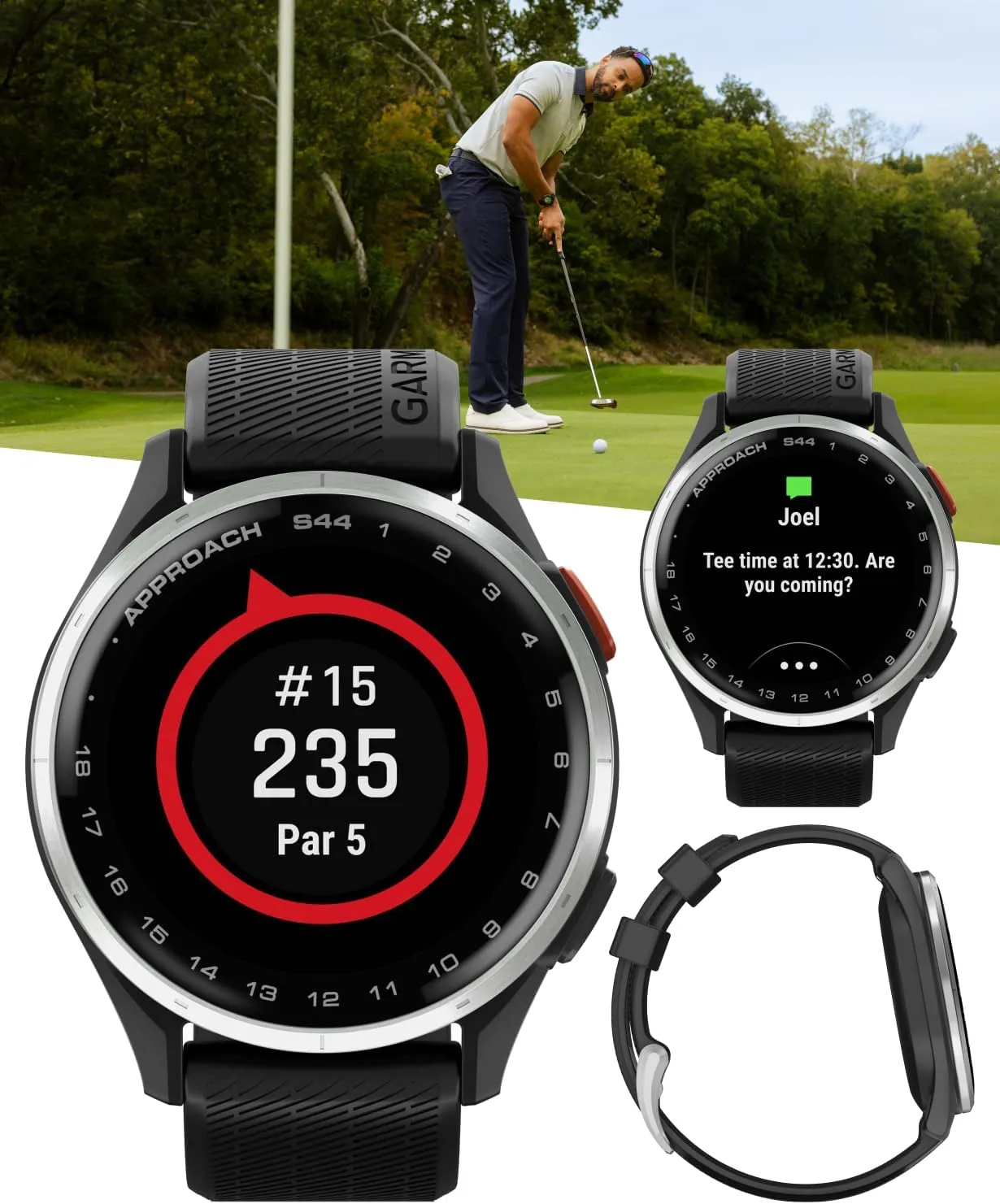 Garmin Approach S44 Golf GPS Smartwatch Silver Aluminum Bezel with Black Silicone Band with Wearable4U Power Bank Bundle