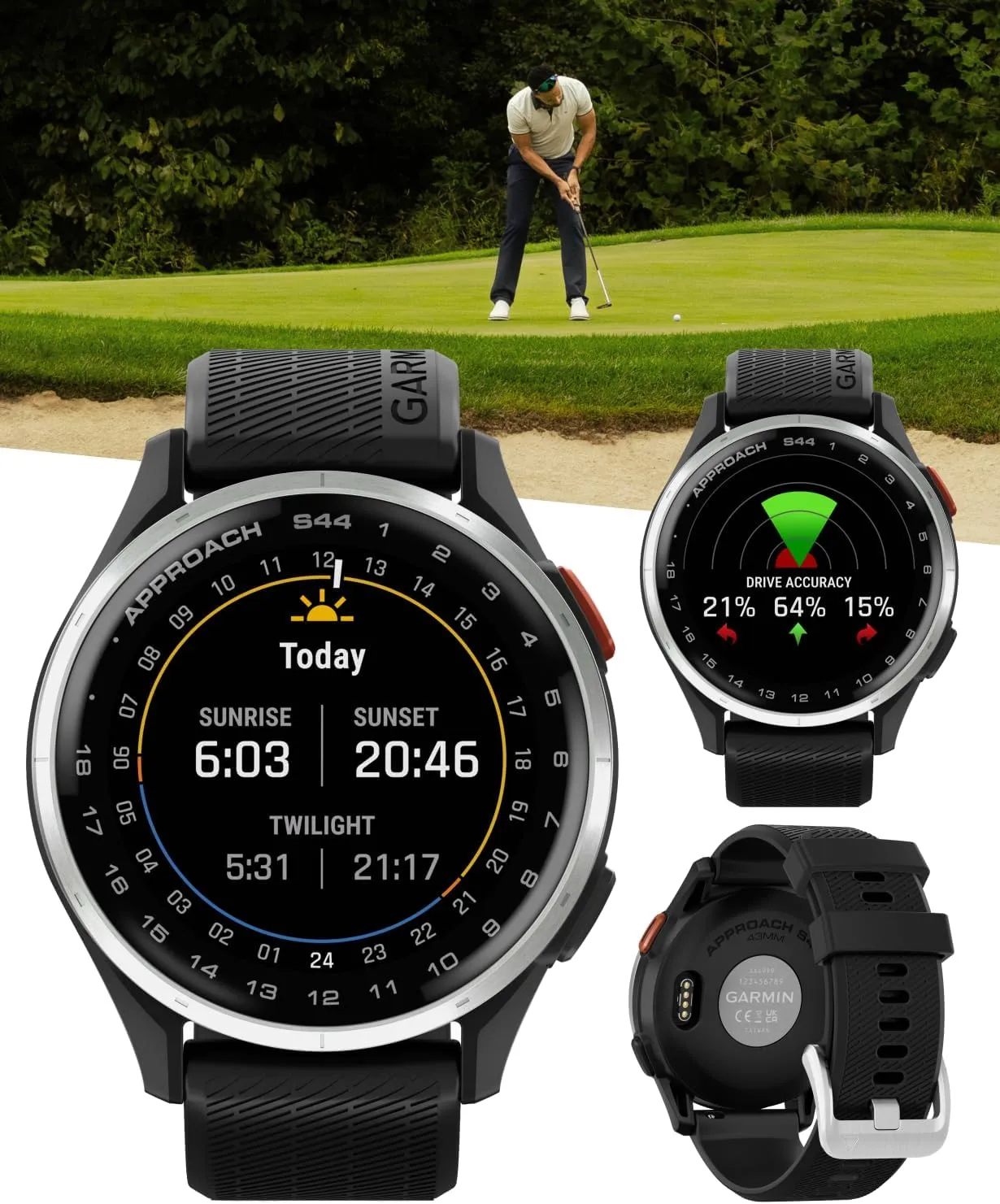 Garmin Approach S44 Golf GPS Smartwatch Silver Aluminum Bezel with Black Silicone Band with Wearable4U Power Bank Bundle