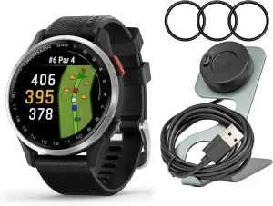 Garmin Approach S44 GPS AMOLED Golf Smartwatch (Silver Aluminum Bezel, Black Silicone Band) Bundle with Focus Camera Portable Charger Stand and Focus Glass Screen Protector Film (3-Pack) (3 Items)