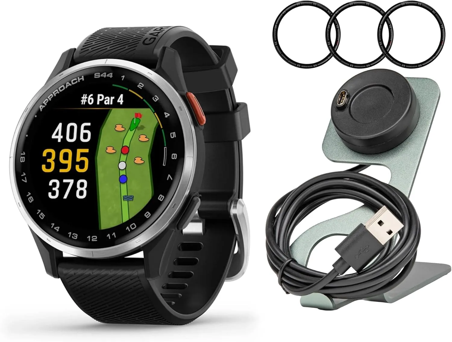 Garmin Approach S44 GPS AMOLED Golf Smartwatch (Silver Aluminum Bezel, Black Silicone Band) Bundle with Focus Camera Portable Charger Stand and Focus Glass Screen Protector Film (3-Pack) (3 Items)