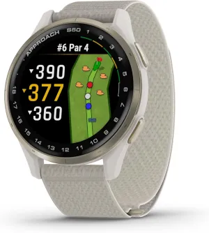 Garmin Approach® S50, Advanced Golf GPS Smartwatch, AMOLED Display, On-Course Features, Wrist-Based Heart Rate, Cream Gold Aluminum Bezel with Ivory ComfortFit Nylon Band