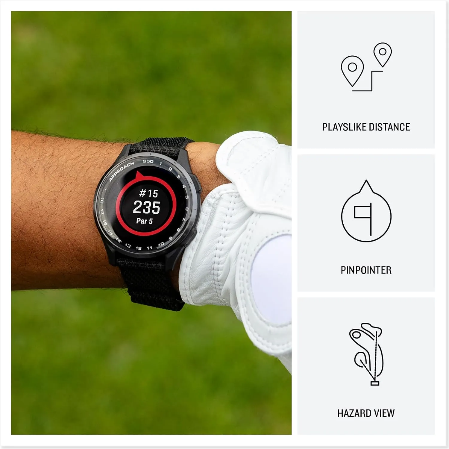 Garmin Approach® S50, Advanced Golf GPS Smartwatch, AMOLED Display, On-Course Features, Wrist-Based Heart Rate, Slate Aluminum Bezel with Black ComfortFit Nylon Band