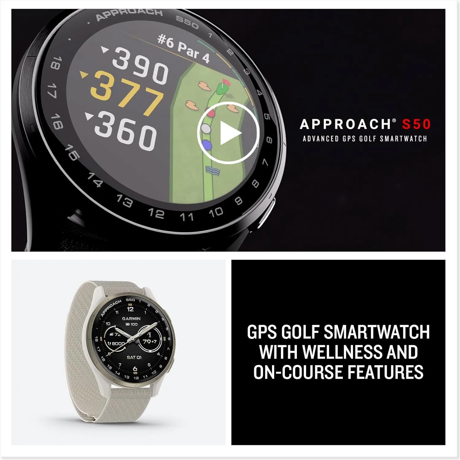 Garmin Approach® S50, Advanced Golf GPS Smartwatch, AMOLED Display, On-Course Features, Wrist-Based Heart Rate, Slate Aluminum Bezel with Black ComfortFit Nylon Band