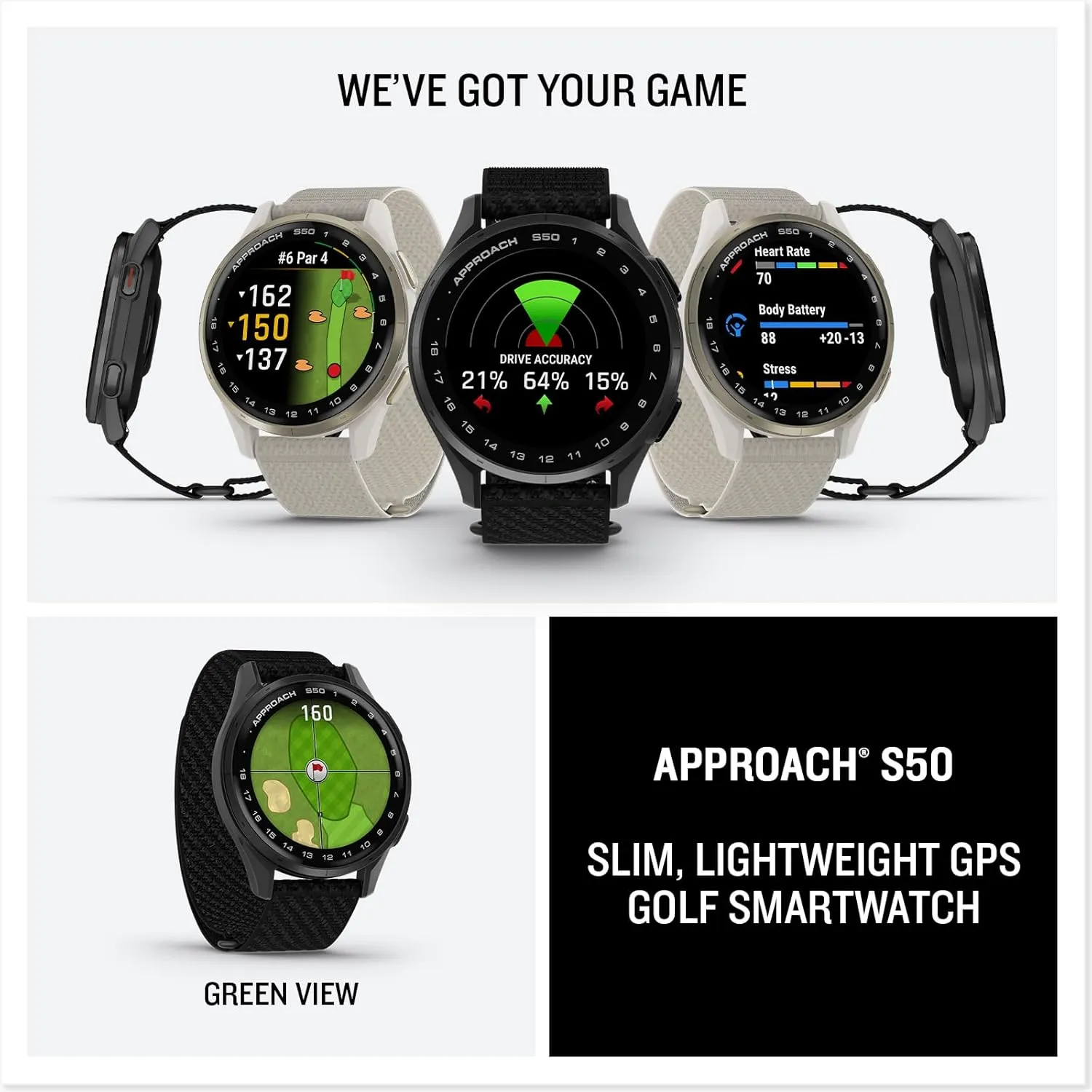 Garmin Approach® S50, Advanced Golf GPS Smartwatch, AMOLED Display, On-Course Features, Wrist-Based Heart Rate, Slate Aluminum Bezel with Black ComfortFit Nylon Band