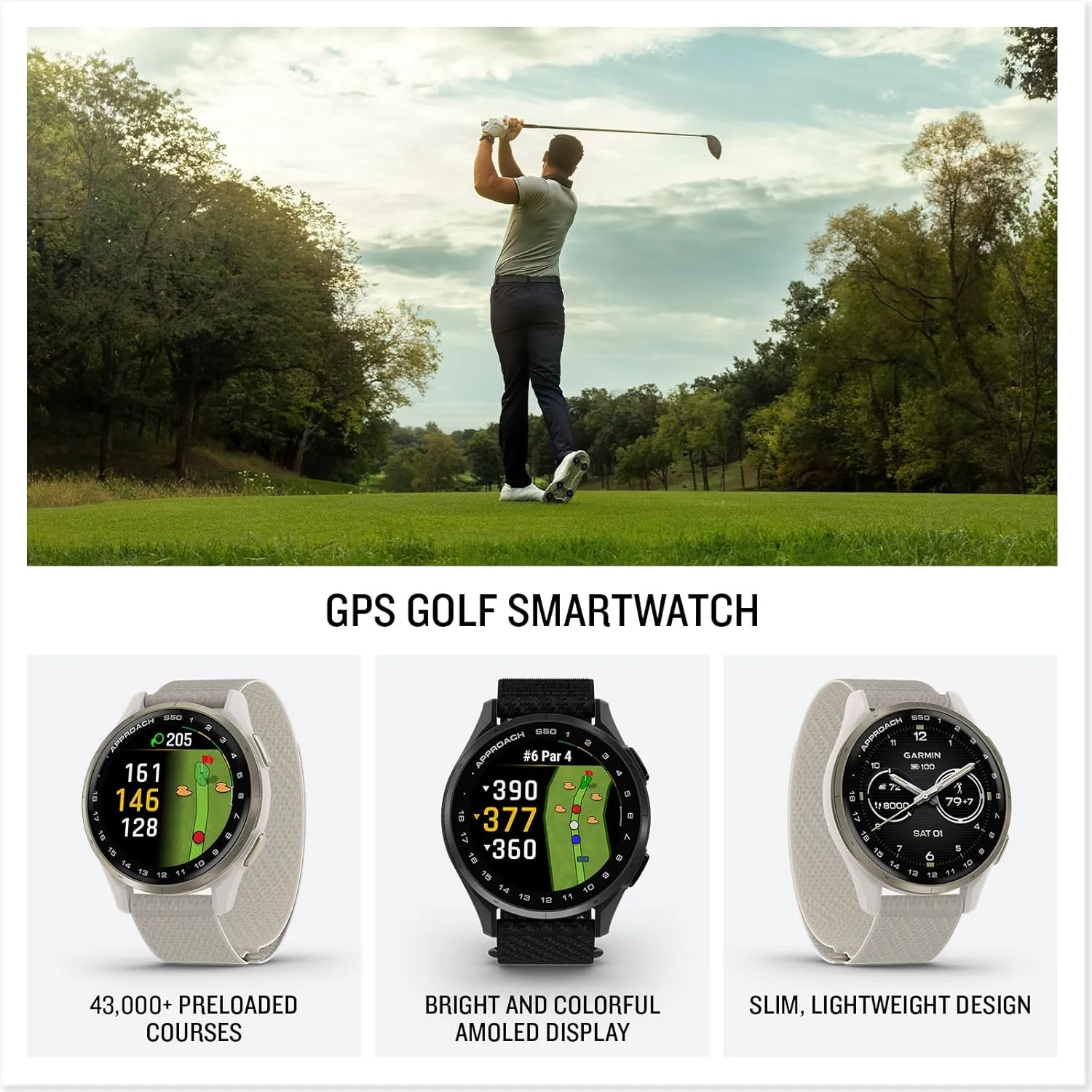 Garmin Approach® S50, Advanced Golf GPS Smartwatch, AMOLED Display, On-Course Features, Wrist-Based Heart Rate, Slate Aluminum Bezel with Black ComfortFit Nylon Band