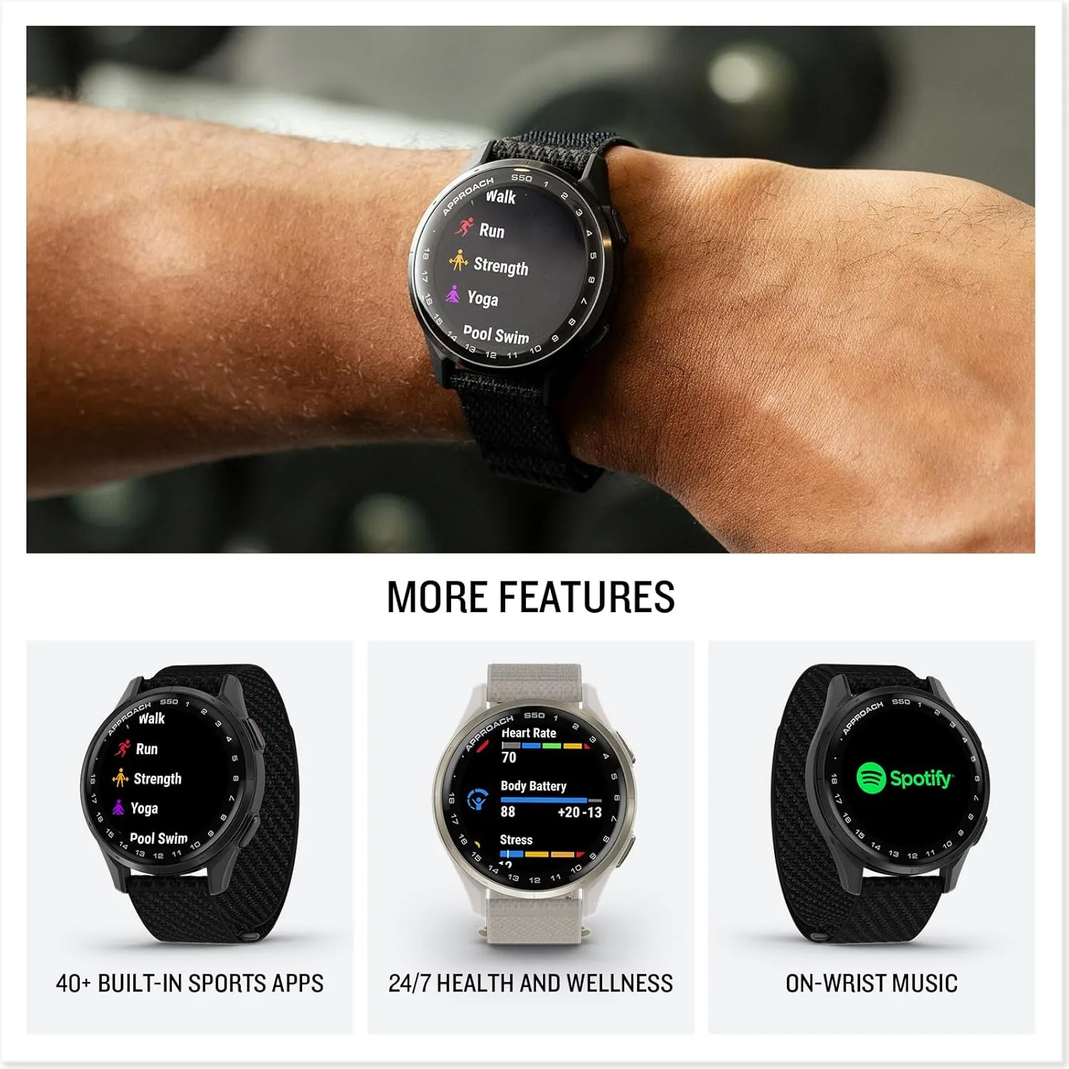 Garmin Approach® S50, Advanced Golf GPS Smartwatch, AMOLED Display, On-Course Features, Wrist-Based Heart Rate, Slate Aluminum Bezel with Black ComfortFit Nylon Band