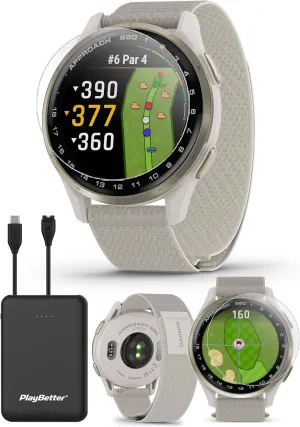 Garmin Approach S50 (Cream Gold/Ivory) Golf GPS Smartwatch Bundle - 1.2" AMOLED Display, On-Course Features, Wrist Heart Rate with PlayBetter Screen Protectors & 5000mAh Portable Charger