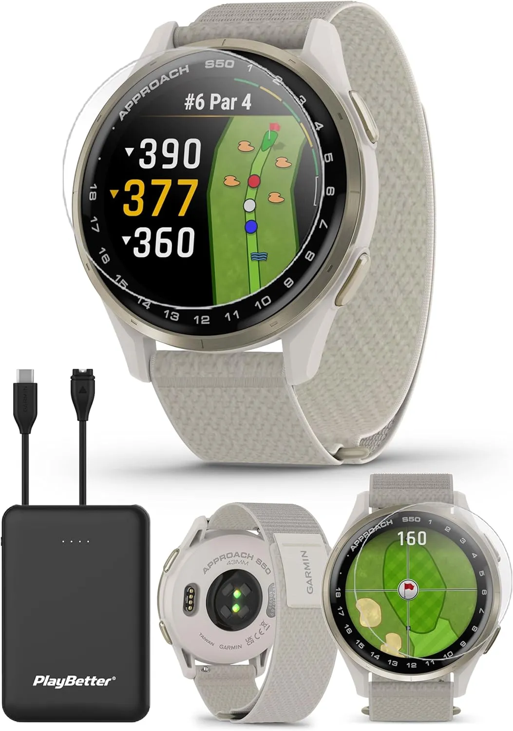 Garmin Approach S50 (Cream Gold/Ivory) Golf GPS Smartwatch Bundle - 1.2" AMOLED Display, On-Course Features, Wrist Heart Rate with PlayBetter Screen Protectors & 5000mAh Portable Charger