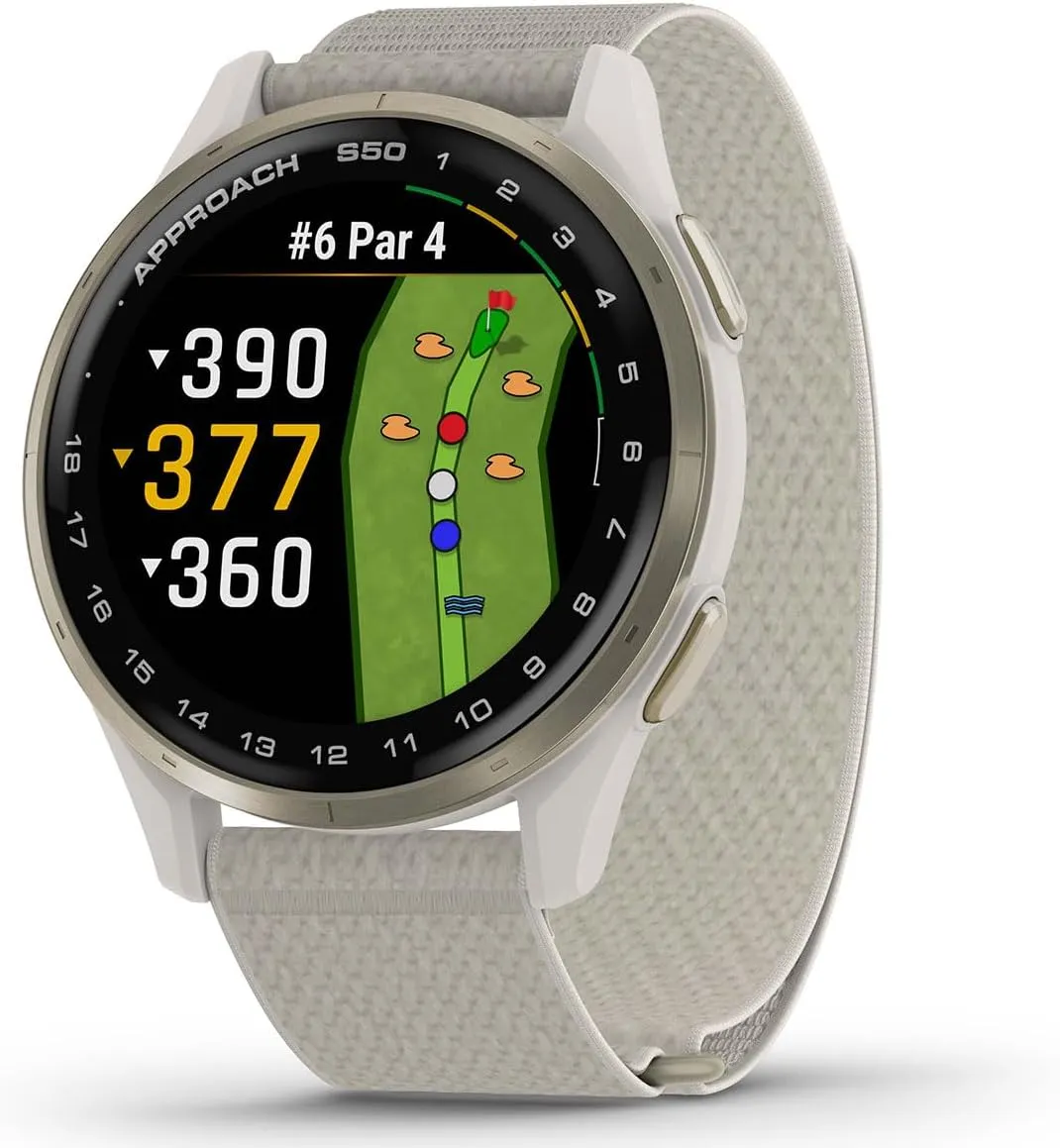 Garmin Approach S50 (Cream Gold/Ivory) Golf GPS Smartwatch Bundle - 1.2" AMOLED Display, On-Course Features, Wrist Heart Rate with PlayBetter Screen Protectors & 5000mAh Portable Charger