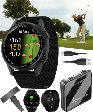 Garmin Approach S50 Golf GPS Smartwatch Slate Aluminum Bezel with Black ComfortFit Nylon Band, CT1 Club Tracking Tags with Wearable4U Power Bank Bundle