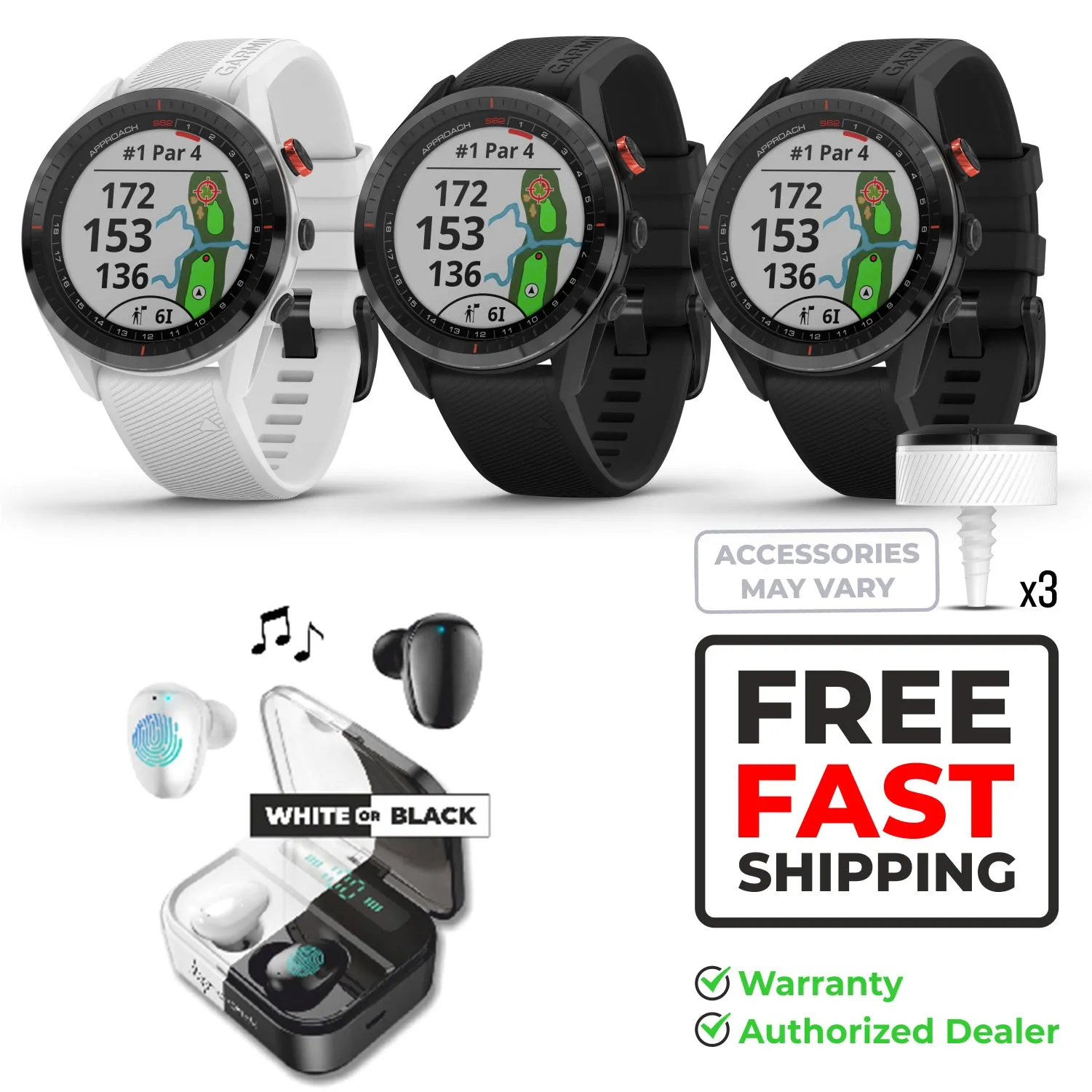 Garmin Approach S62 Premium GPS Black or White Golf Watch with included Bundle