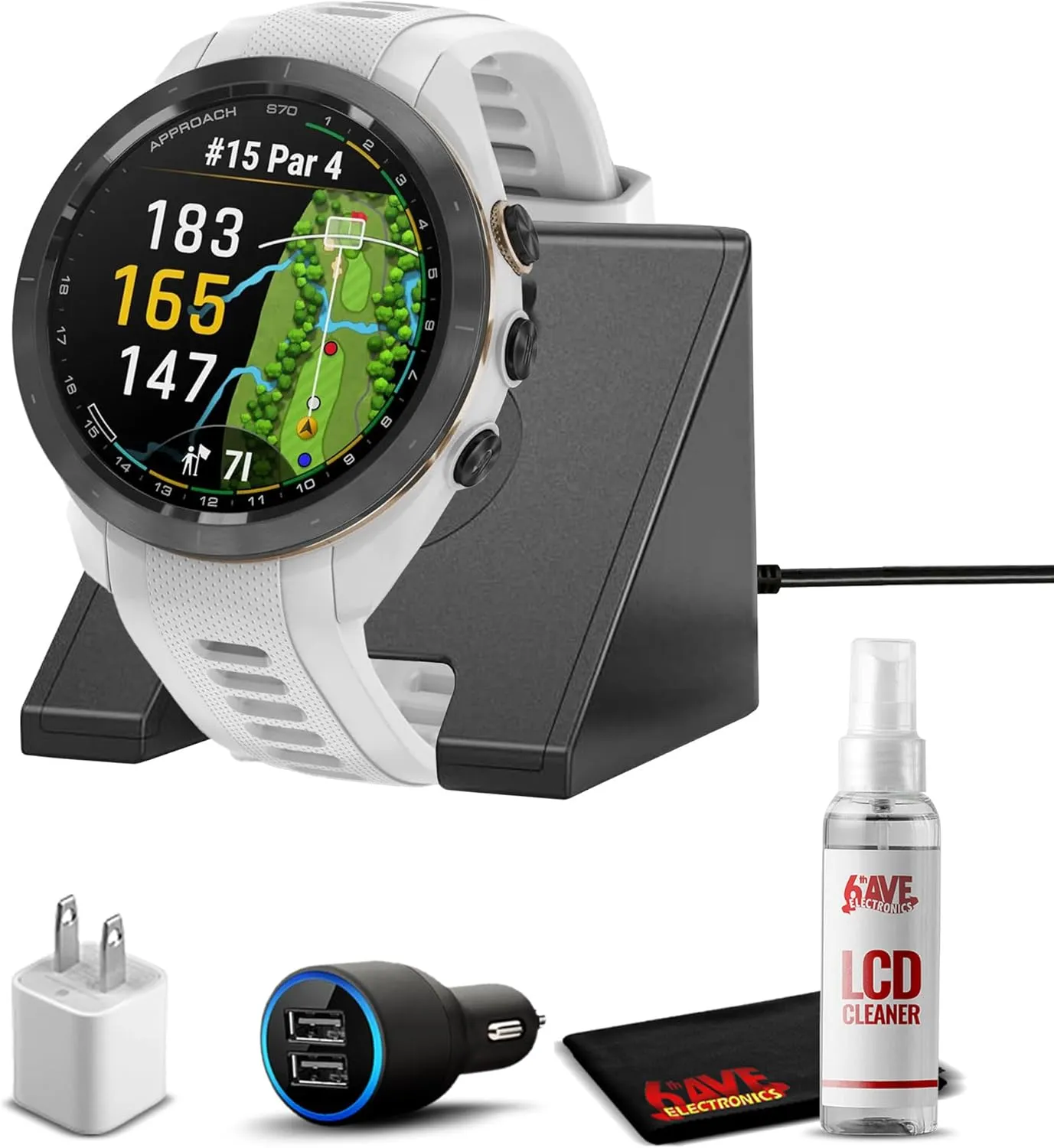 Garmin Approach S70, 42mm, Premium GPS Golf Watch, White with Charging Stand, Car & Wall Adapters and Cleaning Kit