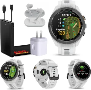 Garmin Approach S70 42MM White- GPS Golf Smartwatch for Men, Lightweight Touchscreen AMOLED Display and Preloaded Courses Bundle with Wireless Ear Buds & More