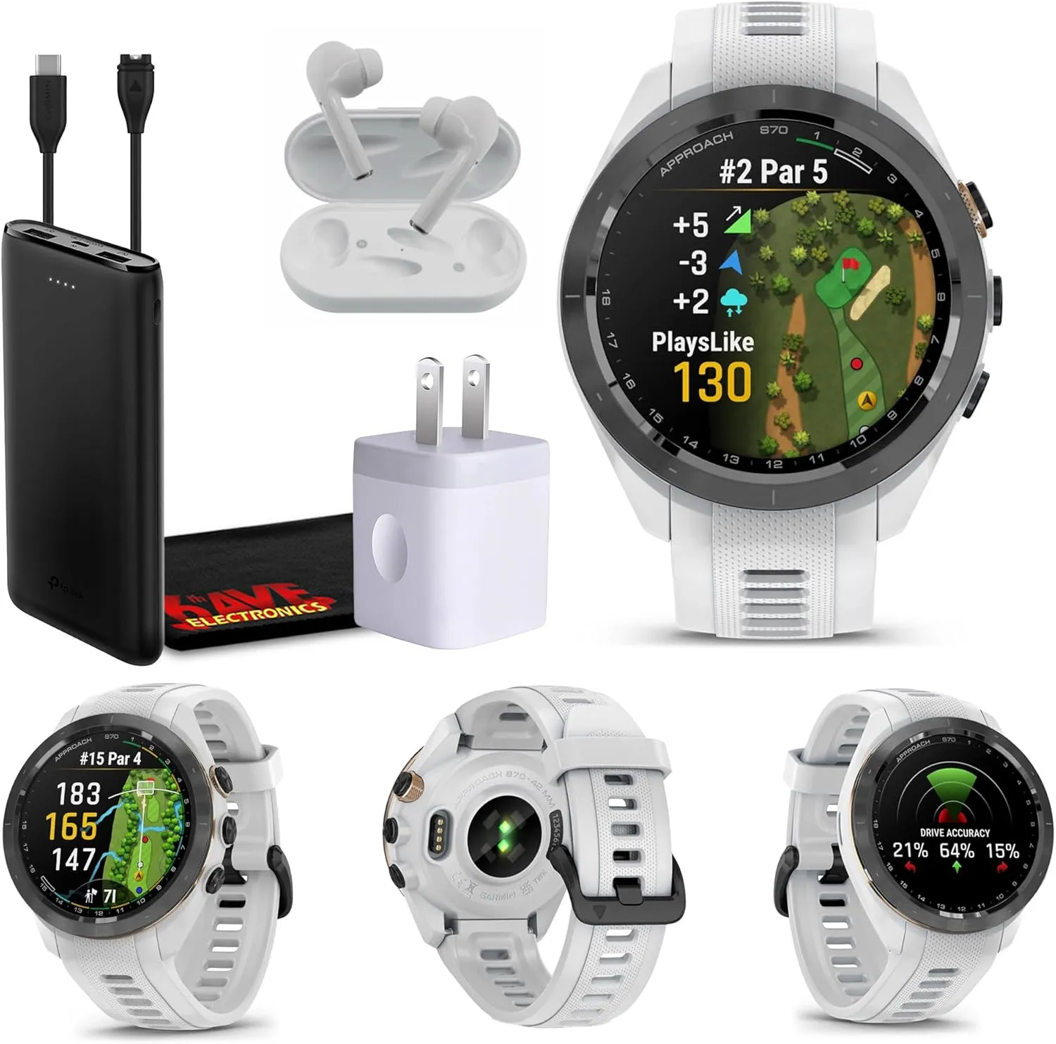 Garmin Approach S70 42MM White- GPS Golf Smartwatch for Men, Lightweight Touchscreen AMOLED Display and Preloaded Courses Bundle with Wireless Ear Buds & More