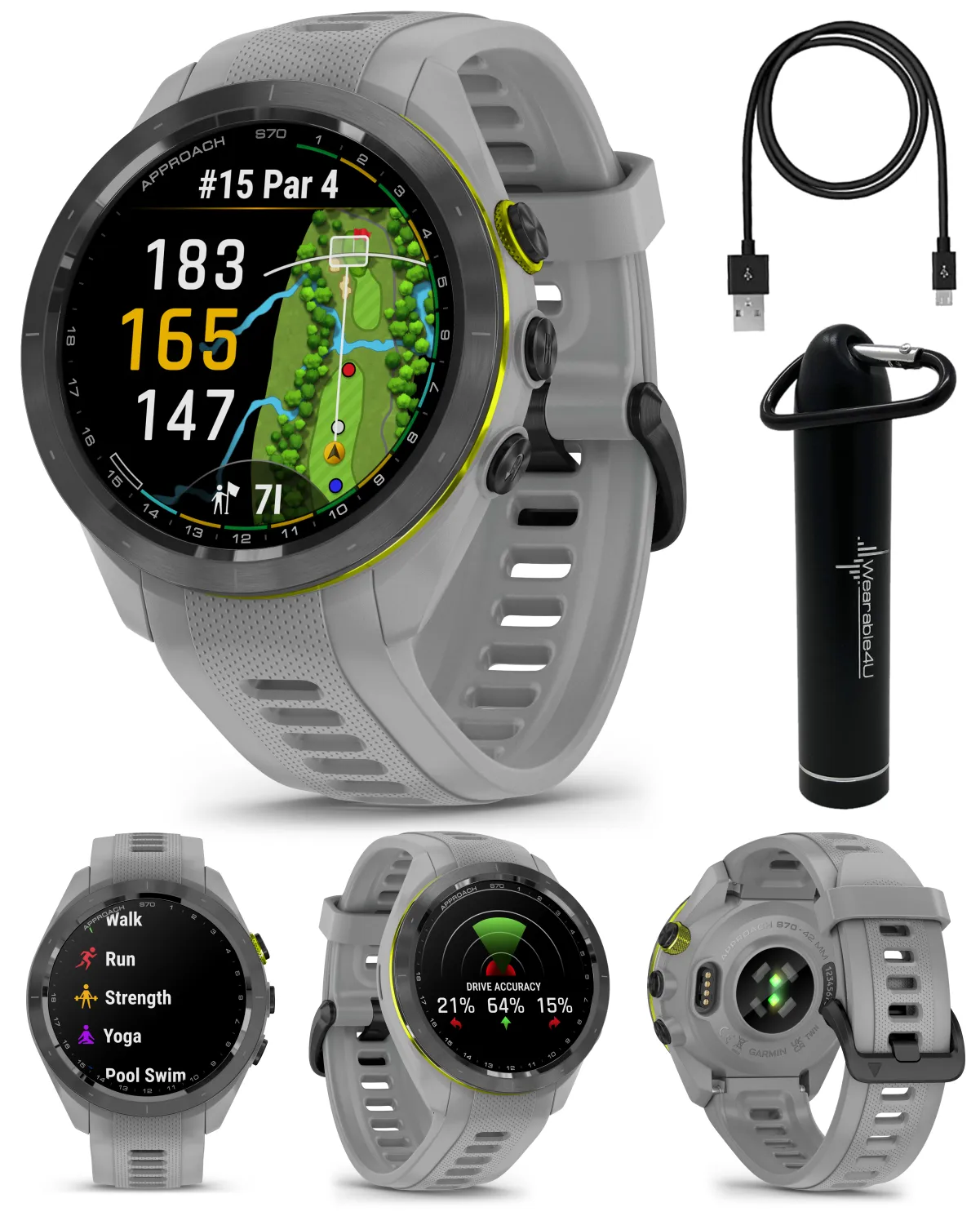 Garmin Approach S70 Premium Golf GPS Watch, 43,000  Full-color CourseView Maps with Wearable4U Power Bank Bundle