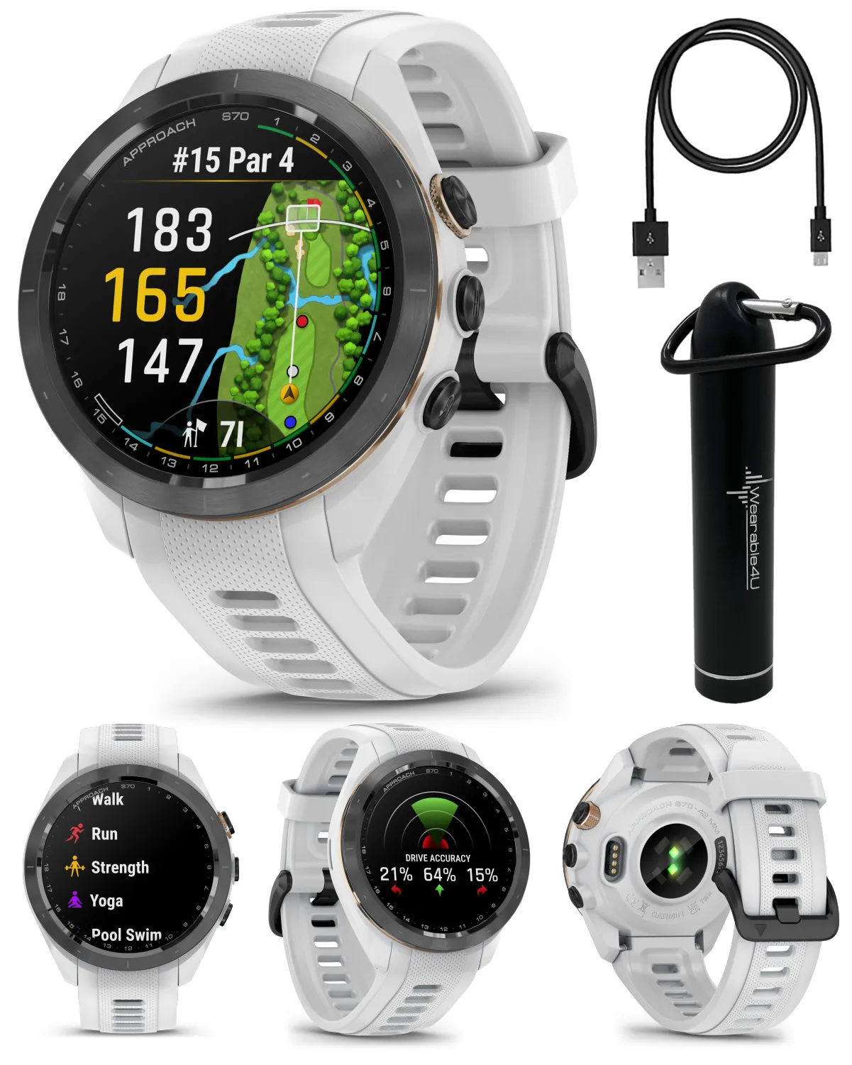 Garmin Approach S70 Premium Golf GPS Watch, 43,000  Full-color CourseView Maps with Wearable4U Power Bank Bundle