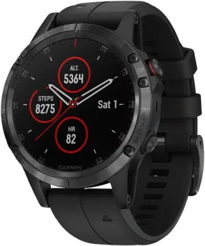 Garmin fenix 5 Plus, Premium Multisport GPS Smartwatch, Features Color Topo Maps, Heart Rate Monitoring, Music and Contactless Payment, Black with Black Band