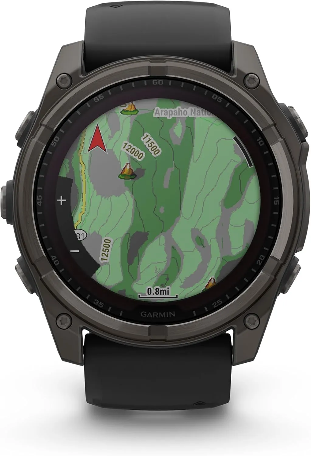 Garmin Fenix 8 Premium Multisport GPS Running Smartwatch, 51 mm, Sapphire, Solar, Dive-Rated, Built-in Flashlight, DLC Titanium with Pebble Gray Band - Signature Series Charging Stand