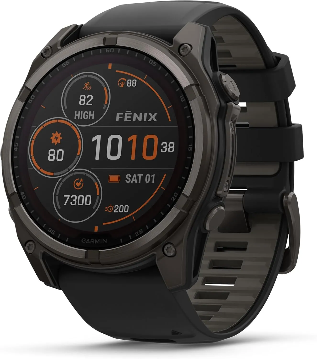 Garmin Fenix 8 Premium Multisport GPS Running Smartwatch, 51 mm, Sapphire, Solar, Dive-Rated, Built-in Flashlight, DLC Titanium with Pebble Gray Band - Signature Series Charging Stand